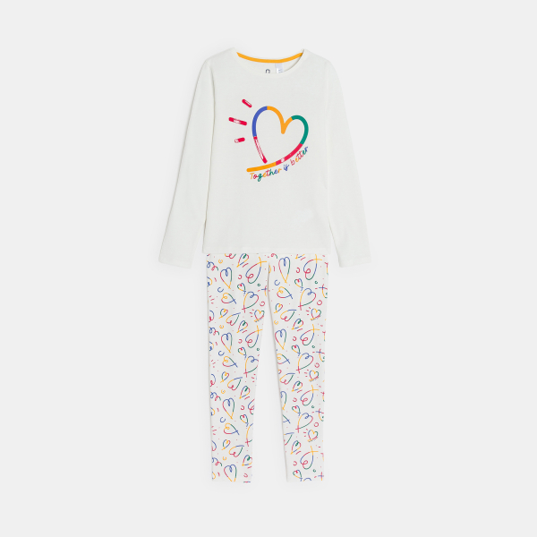 بيجاما مرسوم عليها قلب من الجيرسيه قطعتين، بيضاء اللون للفتيات